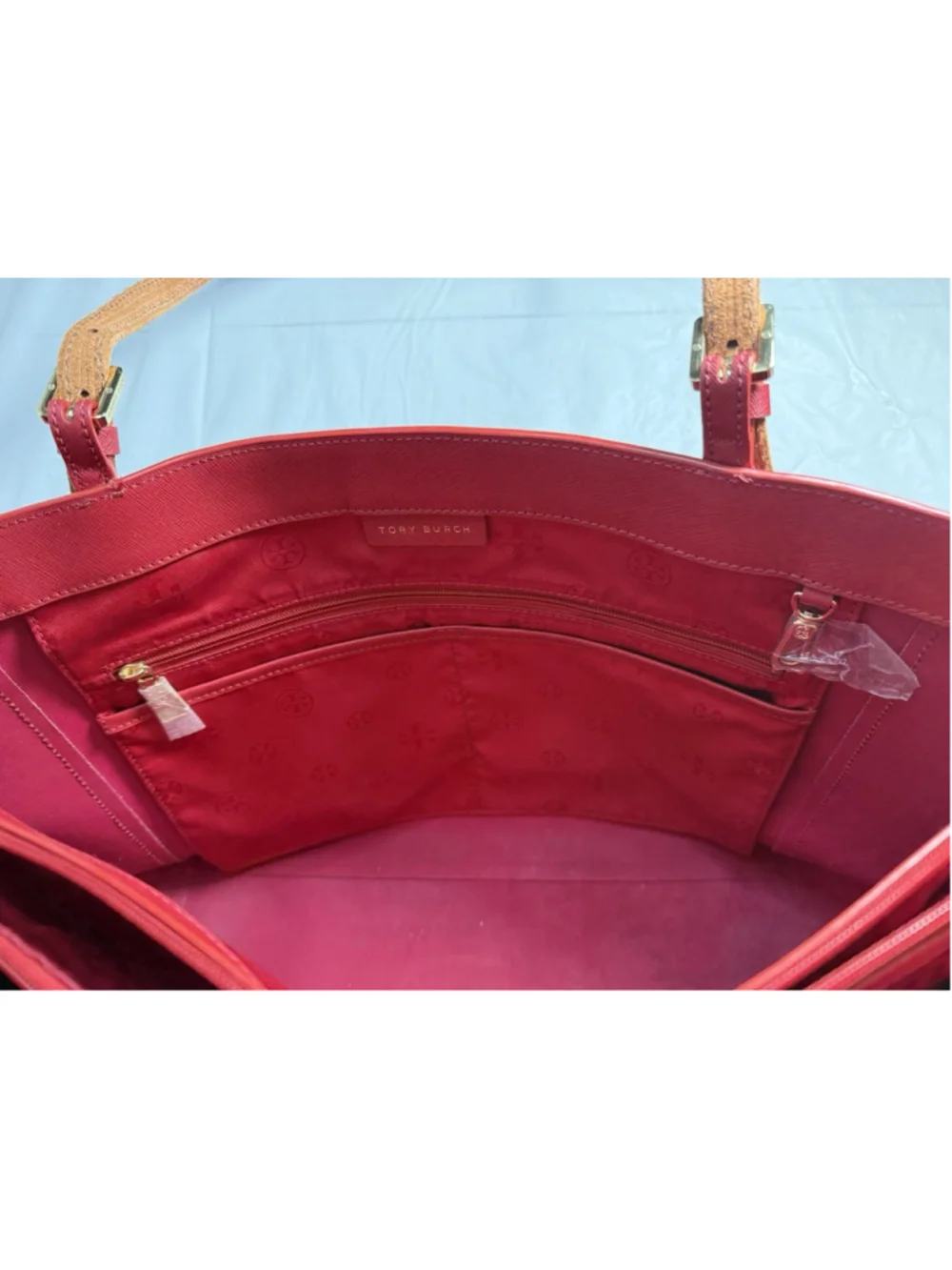 Tory Burch Buckle Large Red Saffiano Leather Laptop Tote Bag Purse new